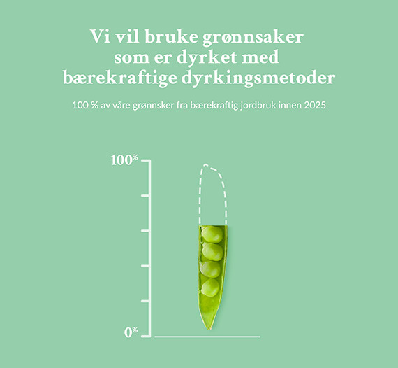 Infografikk som illustrerer mål om 100 % andel grønnsaker fra bærekraftig landbruk innen 2025